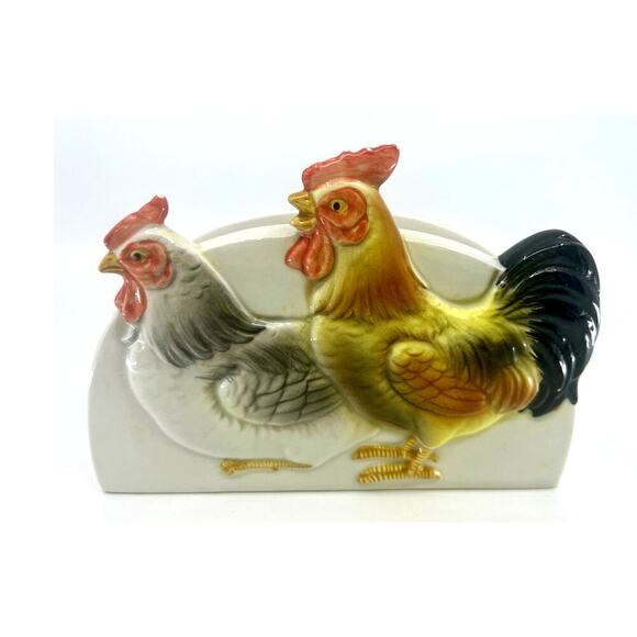 Vintage Otagiri ROOSTER CHICKENS FARM SCENE Napkin Holder JAPAN 1950's - Picture 1 of 7